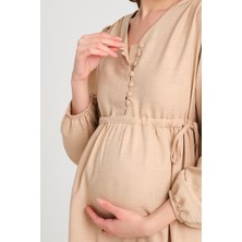 Katlin Maternity Hamile Keten Elbise Yanlardan Bağcık Detaylı Önden Açılan Düğme (Emzirme)