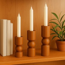 Doğal Ahşap Tik Renk Şamdan Seti 17.5cm & 15CM & 12.5 , El Yapımı, Rustik Dekoratif 3'lü Mumluk