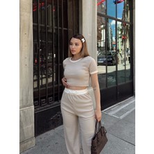 Crop Pantolon Biyeli Takım Bej