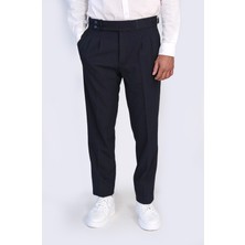 Lacivert Çift Pileli Tokalı Yüksek Bel Slim Fit Pantolon – Wessi