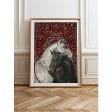 Tekli Ahşap Çerçeveli Tablo Siyah & Beyaz At Halı Motifli Tek Parça Poster Tablo TK/789