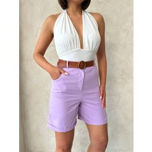 Zarif Kadın Kemerli Gabardin Şort Lila S25735