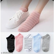 5 Çift Sevimli Çizgili Desenli Kadın/kız Çorap Dikişli Ayak Bileği Düşük Kesim Genç Çorabı  36-40