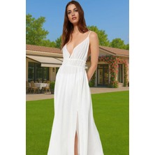 Maxi Dokuma Büzgülü V Yaka Plaj Elbisesi Yazlık Rahat Şık Günlük Kullanım Için Özel Tasarım