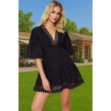 Kadın Mini Boy V Yaka Pamuklu Plaj Elbisesi Dantel Detaylı Yazlık Mükemmel Uyum Rahat Kullanım