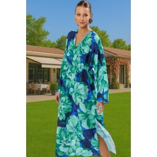 Maxi Çiçek Desenli Dokuma Plaj Elbisesi Yırtmaçlı Şal Yaka Rahat ve Şık Kaliteli Işçilik