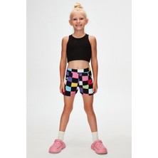 Op Art Checkers Kız Çocuk Cepli Desenli Şort