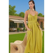 Maxi Dokuma Crinkle Kumaş Bel Bağlamalı Yazlık Plaj Elbisesi Dayanıklı Malzeme Özenle Seçilmiş