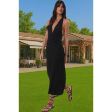 Maxi Dokulu Kemer Detaylı Plaj Elbise V Yaka Bodycon Konforlu Kesim Mükemmel Uyum Trend Tasarım