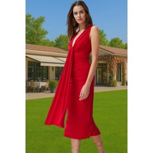 Şık V Yaka Midi Boy Örme Abiye Elbise Polyester Karışımlı Yazlık Özenle Seçilmiş Özel Tasarım