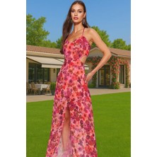 A Line Şifon Maxi Elbise Çiçek Desenli V Yaka Yazlık Elbise Seçkin Malzeme Zarifane Tasarım