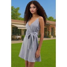 Yazlık Mini Pamuklu Keten Elbise V Yaka Askılı Bel Kuşağı Günlük Premium Kalite Modern Stil