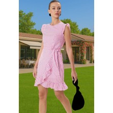 Çizgili Mini Poplin Elbise A Line Bel Kuşağı Yazlık Günlük Rahat Kullanım Özenle Seçilmiş