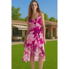 Şifon Kruvaze Midi Elbise Desenli Astarlı Yazlık Günlük Kullanım Için Mükemmel Uyum Uzun Ömürlü