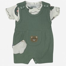Yazlık Ayıcık Desenli Erkek Bebek Tulum Seti - Yazlık Penye Zıbın, Cepli Salopet ve Yumuşak Çorap
