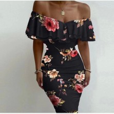 Defy Moda Kadın Madonna Yaka Çiçek Baskılı Volan Detay Kalem Elbise