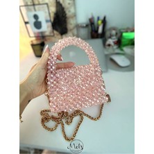 Shine Nude Pembe Kristal Cam Boncuk El Yapımı Modern/şık Gece/günlük Küçük Boy Çanta Model