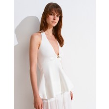 10787 Halter Yaka Metal Detaylı Peplum Triko Bluz-Beyaz