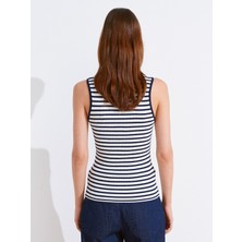 10777 V Polo Yaka Çizgili Fitilli Triko Bluz-Laci-Ekru