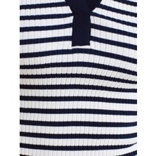 10777 V Polo Yaka Çizgili Fitilli Triko Bluz-Laci-Ekru
