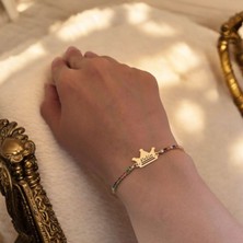 Archin Pelin İsmine Özel Taç Motifli 14 Ayar Altın Plakalı Renkli Taş Desenli Hediye Bileklik-489İsim