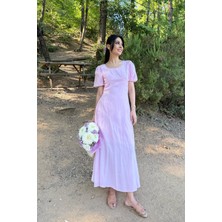 Pembe Göğüs Büzgülü Elbise