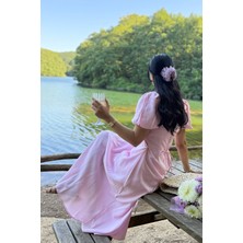 Pembe Göğüs Büzgülü Elbise