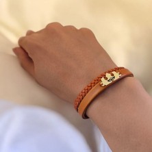 Archin Bal Maske Temalı 14 Ayar Altın Plakalı Kahverengi Derili Taç Motifli Hediye Bileklik-491 Sembol