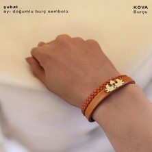 Archin Kova Burçlarına Özel 14 Ayar Altın Plakalı Kahverengi Derili Taç Motifli Hediye Bileklik-491 Burç