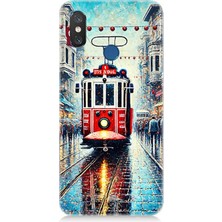 Xiaomi Mi 8 Uyumlu Yağmurlu Sokakta Kırmızı Tramvay  Desenli Silikon Kılıf