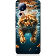 Xiaomi Mi 13 Lite Uyumlu Suda Yüzen Kedi  Desenli Silikon Kılıf