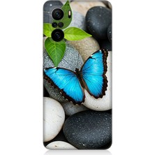 Xiaomi Poco F3 Uyumlu Mavilikte Taş Üzerinde Kelebek  Desenli Silikon Kılıf