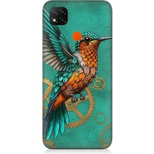 Xiaomi Redmi 9c Uyumlu Turkuaz Zeminde Sinek Kuşu  Desenli Silikon Kılıf