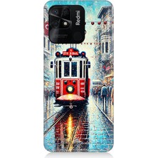 Xiaomi Redmi 10C Uyumlu Yağmurlu Sokakta Kırmızı Tramvay  Desenli Silikon Kılıf