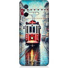 Xiaomi Redmi 12C Uyumlu Yağmurlu Sokakta Kırmızı Tramvay  Desenli Silikon Kılıf