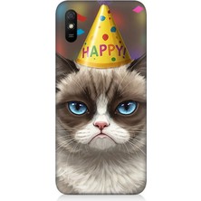 Xiaomi Redmi 9A Uyumlu Doğum Günlü Somurtkan Kedi  Desenli Silikon Kılıf