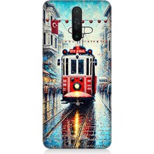 Xiaomi Redmi K30 Uyumlu Yağmurlu Sokakta Kırmızı Tramvay  Desenli Silikon Kılıf