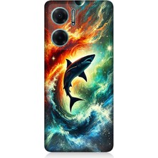 Xiaomi Redmi Note 11E Uyumlu Ateşle Dans Eden Köpekbalığı  Desenli Silikon Kılıf