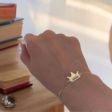 Archin Leyla İsmine Özel Zincirli Taç Figürlü 14 Ayar Altın Plakalı Hediye Bileklik-492İsim