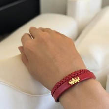 Archin Ayşe İsmine Özel Taç Motifli 14 Ayar Altın Plakalı Koyu Kırmızı Derili Hediye Bileklik-493İsim