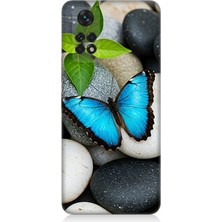 Xiaomi Redmi Note 11 Uyumlu Mavilikte Taş Üzerinde Kelebek  Desenli Silikon Kılıf