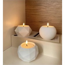 Tealight Beton Mumluk 3 Lü Set, Dekoratif Hediyelik Ham Beyaz