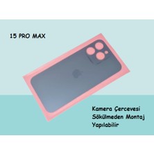 Tkgz - iPhone 15 Pro Max Arka Pil Batarya Kapağı - Cam Kapak Geniş Lens Deliği - Mavi