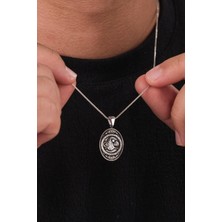 925 Ayar Gümüş Oval Osmanlı Tuğra Tuğrası Siyah Zemin Karartmalı Eskitme Gümüş Erkek Kolye