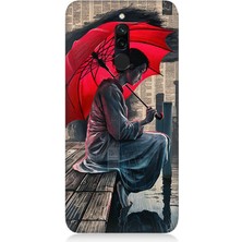 Xiaomi Redmi 8 Uyumlu Kırmızı Şemsiyeli Kadın Yalnızlık  Desenli Silikon Kılıf