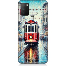Xiaomi Poco M3 Uyumlu Yağmurlu Sokakta Kırmızı Tramvay  Desenli Silikon Kılıf