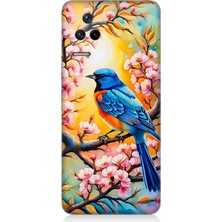 Xiaomi Poco F4 Uyumlu Pembe Dallarda Mavi Kuş  Desenli Silikon Kılıf
