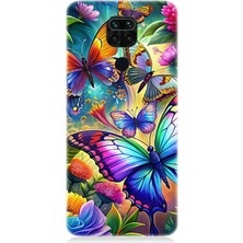 Xiaomi Redmi Note 9 Uyumlu Çiçekler Arasında Kelebekler  Desenli Silikon Kılıf