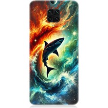 Xiaomi Redmi Note 9 Pro Uyumlu Ateşle Dans Eden Köpekbalığı  Desenli Silikon Kılıf
