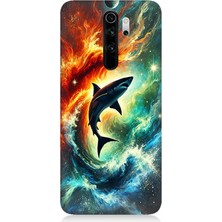 Xiaomi Redmi Note 8 Pro Uyumlu Ateşle Dans Eden Köpekbalığı  Desenli Silikon Kılıf